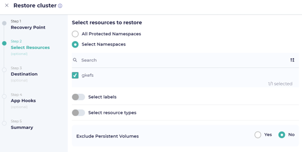 Fig 10 Restore Job definition selecting the namespace to be restored