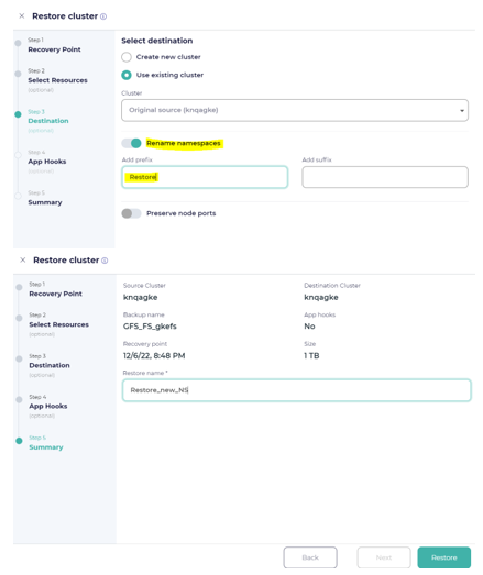 Fig 11 Restore Job definition to restore to new namespace