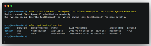 Velero command to create backup using a particular namespace and specific backup location