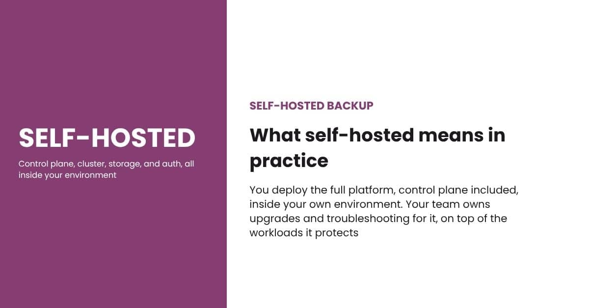 Self-hosted Kubernetes backup: control plane, cluster, storage, and auth all run inside your own environment